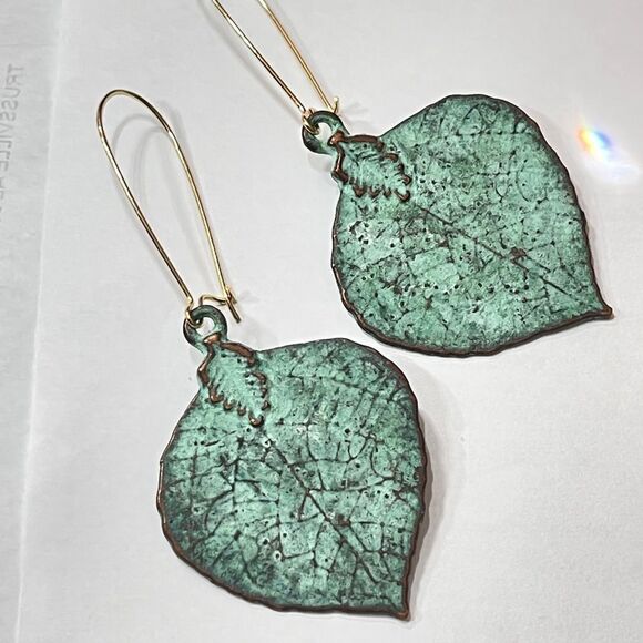 HANDCRAFTED Large Verdigris Metal Leaf Earrings - Picture 1 of 12